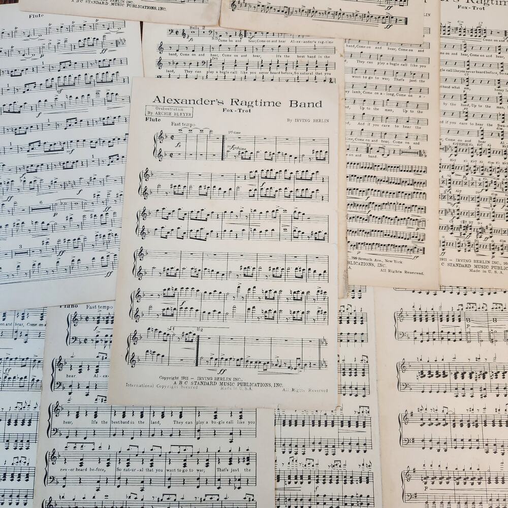 Alexander's Ragtime Band Sheet Music Antique Piano Drums Flute Bass Banjo Sax